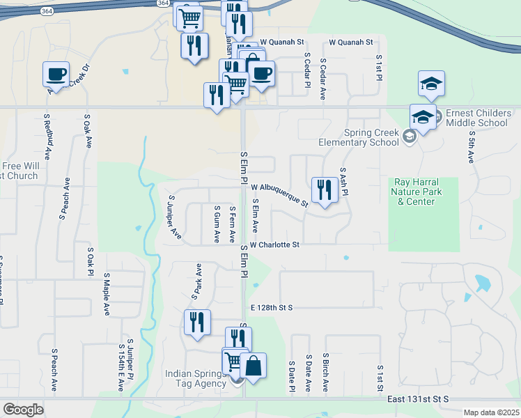 map of restaurants, bars, coffee shops, grocery stores, and more near 7404 South Date Place in Broken Arrow