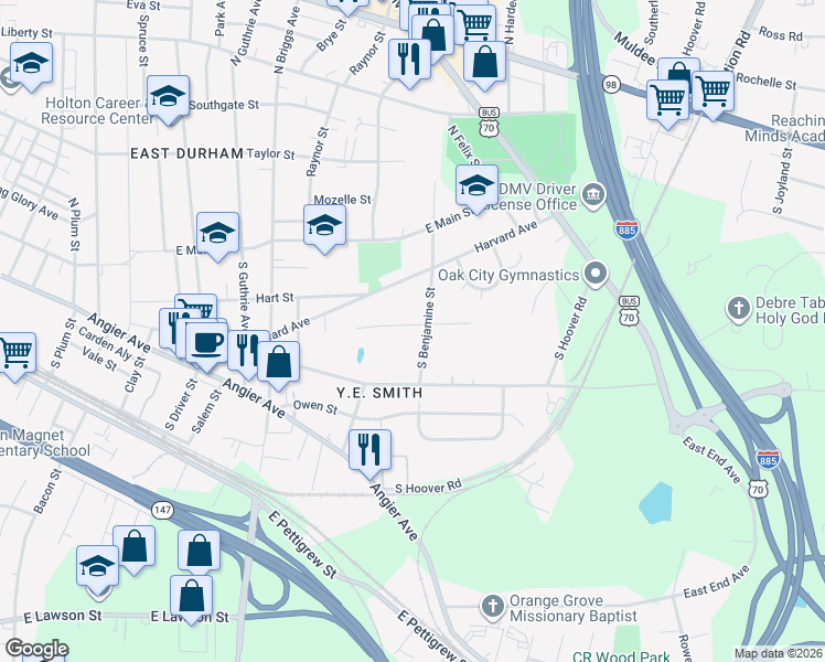 map of restaurants, bars, coffee shops, grocery stores, and more near 2613 Sater Street in Durham