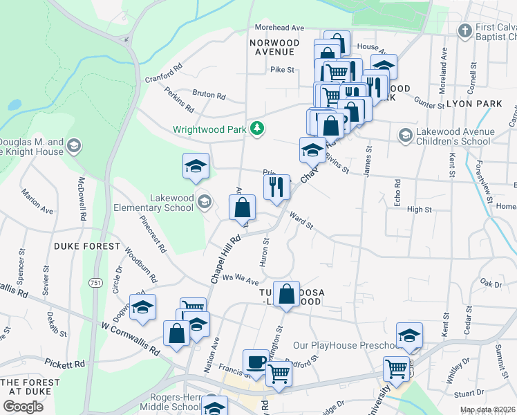 map of restaurants, bars, coffee shops, grocery stores, and more near 1601 Anderson Street in Durham