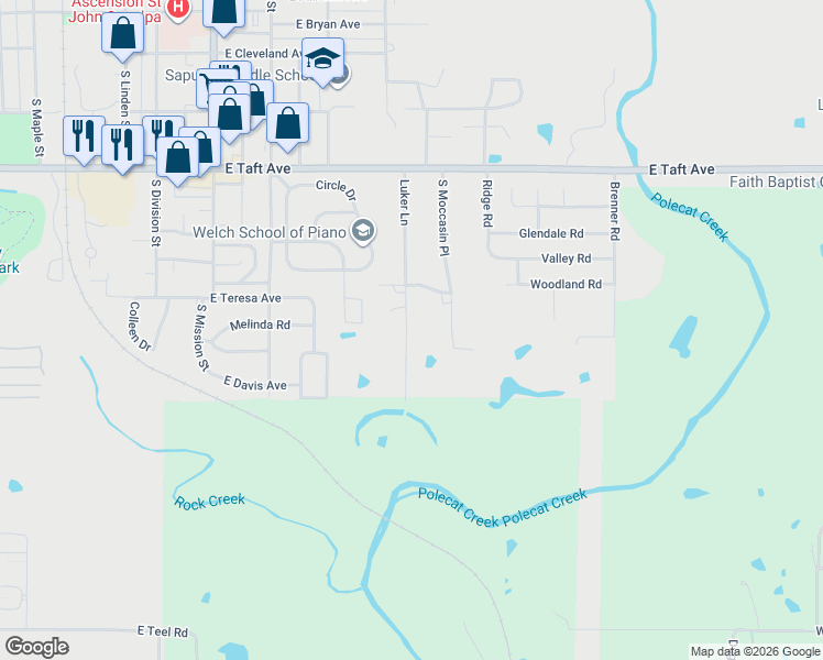 map of restaurants, bars, coffee shops, grocery stores, and more near 1 Woodland Road in Sapulpa