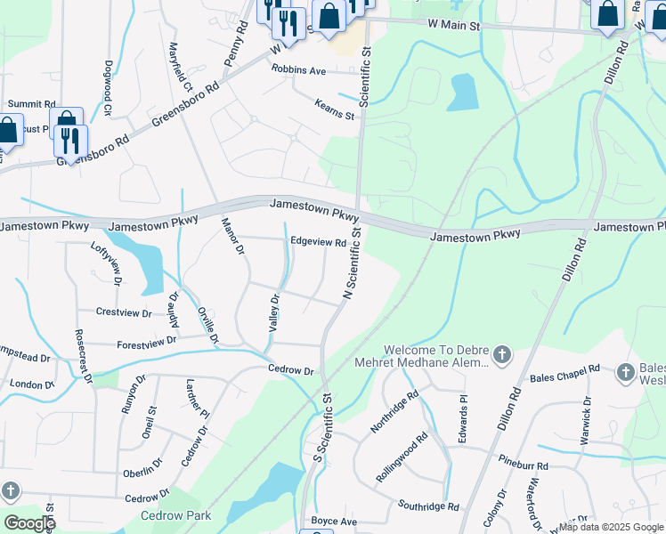 map of restaurants, bars, coffee shops, grocery stores, and more near 407 Crestline Drive in High Point