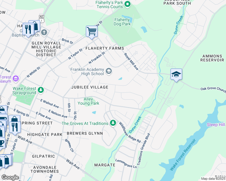 map of restaurants, bars, coffee shops, grocery stores, and more near 712 Wildflower Ridge Road in Wake Forest
