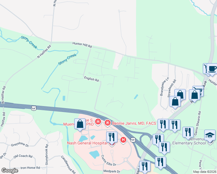 map of restaurants, bars, coffee shops, grocery stores, and more near 115 Lazy Oaks Court in Rocky Mount