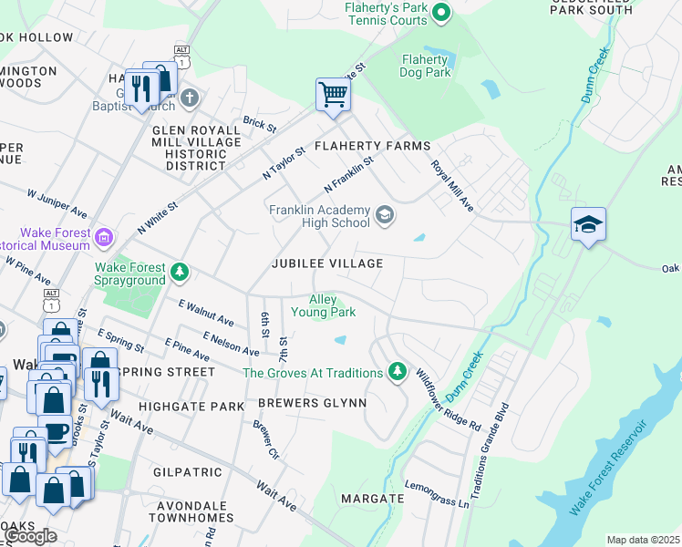 map of restaurants, bars, coffee shops, grocery stores, and more near 601 Summertime Field Lane in Wake Forest