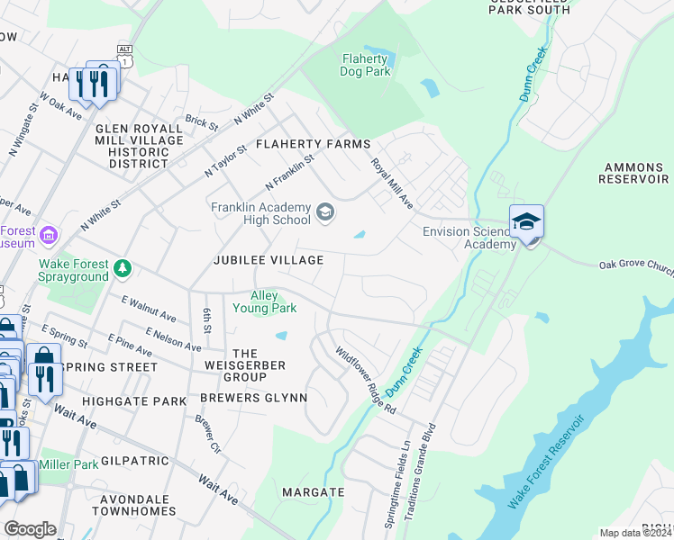 map of restaurants, bars, coffee shops, grocery stores, and more near 712 Wildflower Ridge Road in Wake Forest