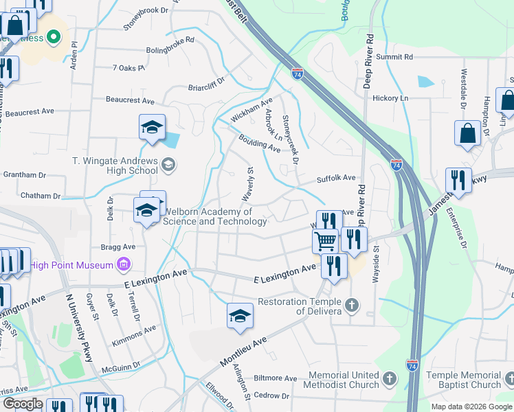 map of restaurants, bars, coffee shops, grocery stores, and more near 1700 Waverly Street in High Point