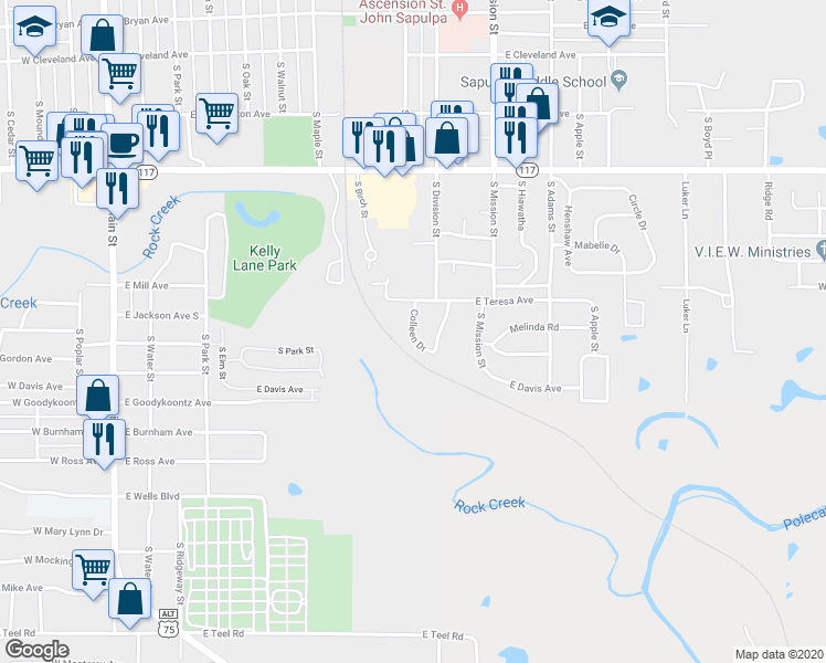 map of restaurants, bars, coffee shops, grocery stores, and more near 1215 Colleen Drive in Sapulpa