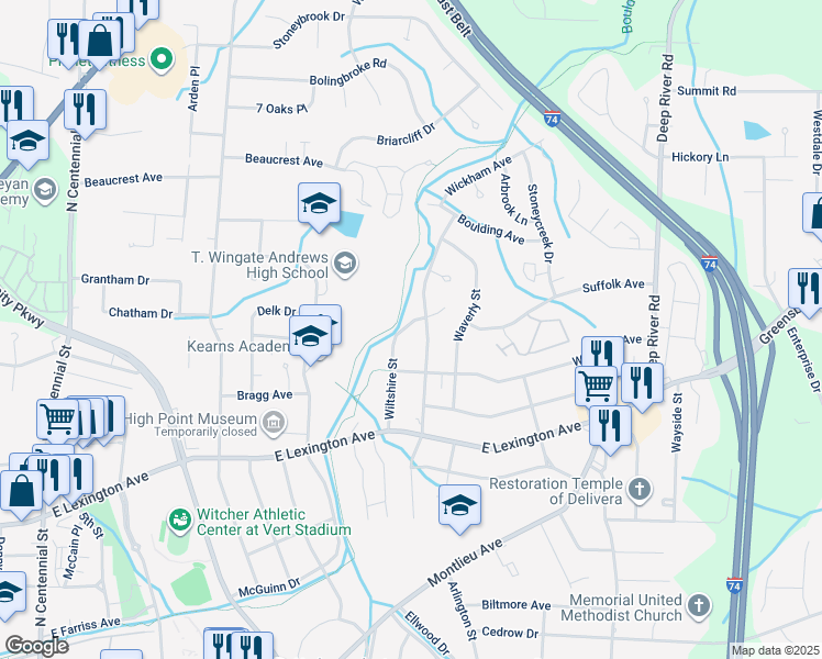 map of restaurants, bars, coffee shops, grocery stores, and more near 1512 Wiltshire Street in High Point