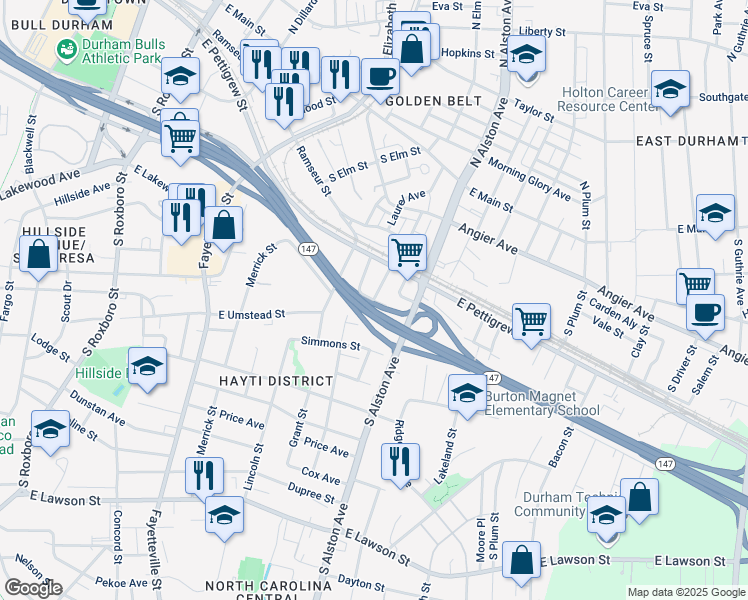 map of restaurants, bars, coffee shops, grocery stores, and more near Gillette Avenue in Durham