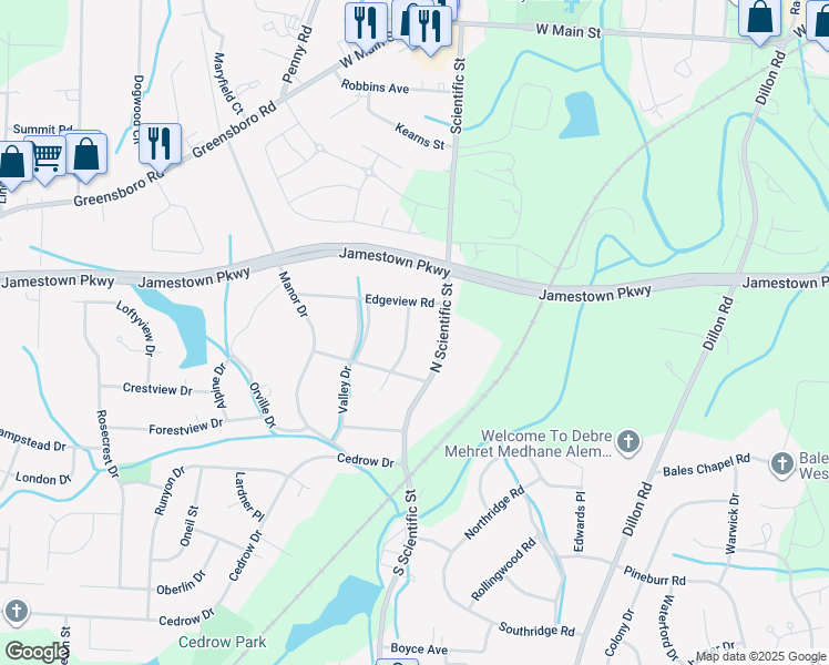 map of restaurants, bars, coffee shops, grocery stores, and more near 407 Crestline Drive in High Point