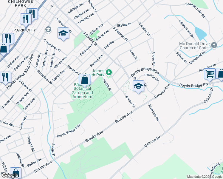 map of restaurants, bars, coffee shops, grocery stores, and more near 1130 Parish Street in Knoxville