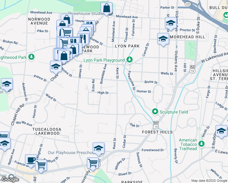 map of restaurants, bars, coffee shops, grocery stores, and more near 1414 Kent Street in Durham