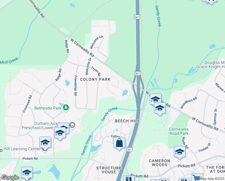 map of restaurants, bars, coffee shops, grocery stores, and more near 1219 Birchbark Road in Durham