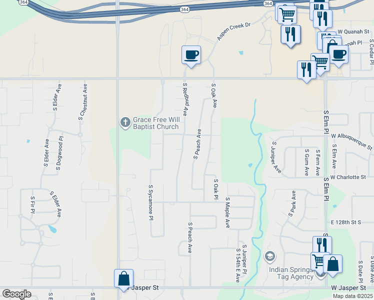 map of restaurants, bars, coffee shops, grocery stores, and more near 7013 South Redbud Avenue in Broken Arrow