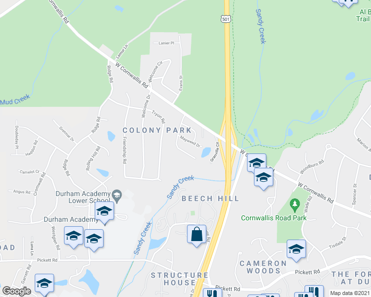 map of restaurants, bars, coffee shops, grocery stores, and more near 1219 Birchbark Road in Durham