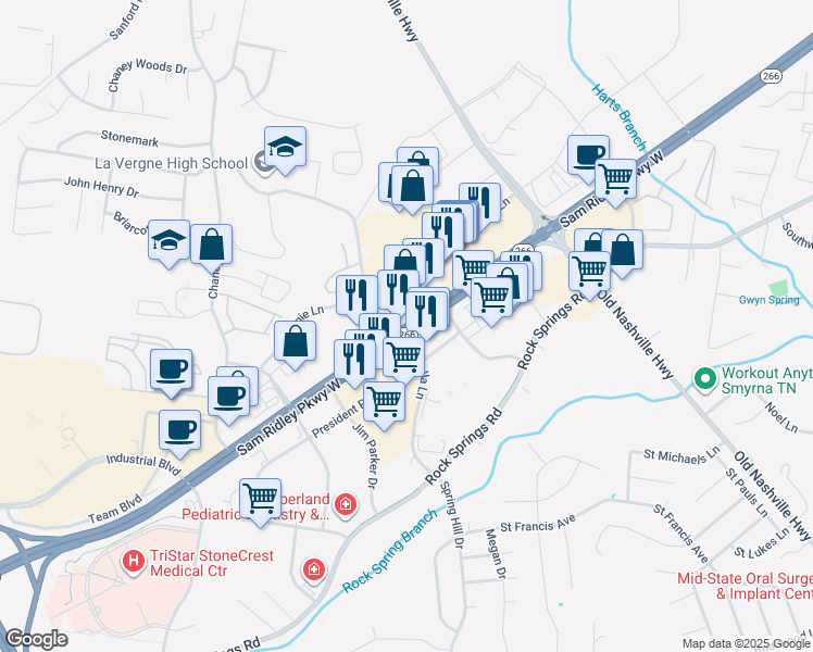 map of restaurants, bars, coffee shops, grocery stores, and more near Sam Ridley Parkway West in Smyrna