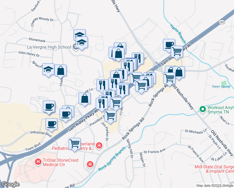 map of restaurants, bars, coffee shops, grocery stores, and more near Sam Ridley Parkway West in Smyrna