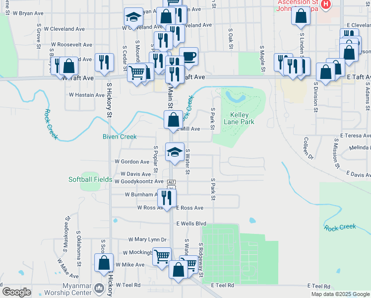 map of restaurants, bars, coffee shops, grocery stores, and more near 25 East Gordon Avenue in Sapulpa