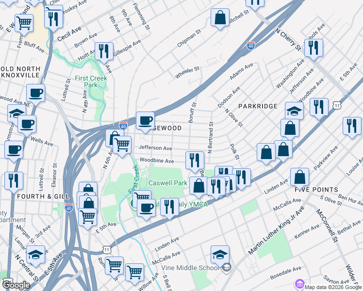 map of restaurants, bars, coffee shops, grocery stores, and more near 1709 Jefferson Avenue in Knoxville