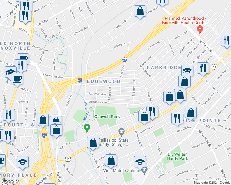 map of restaurants, bars, coffee shops, grocery stores, and more near 1709 Jefferson Avenue in Knoxville