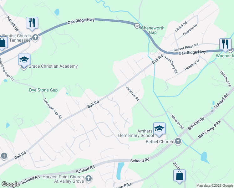 map of restaurants, bars, coffee shops, grocery stores, and more near 5314 Ball Rd in Knoxville