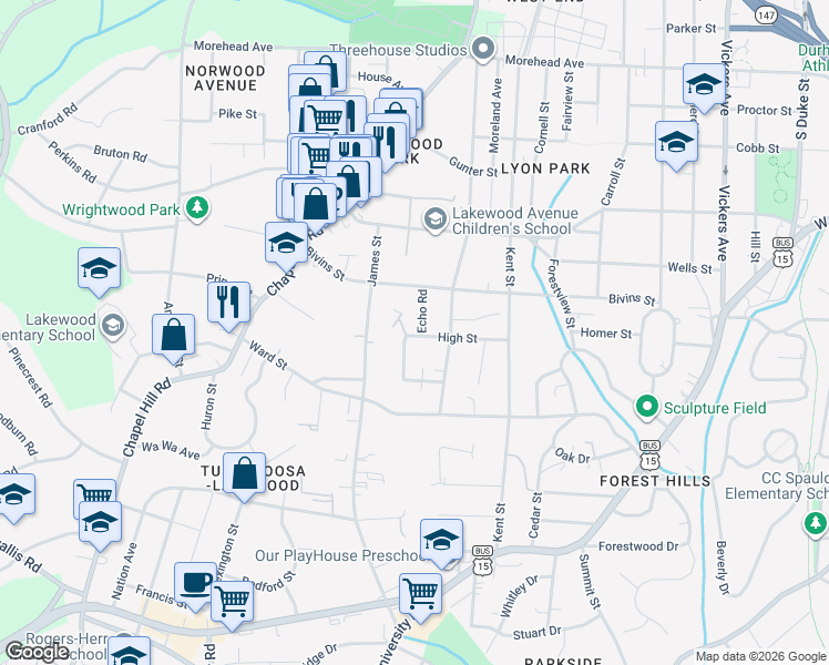 map of restaurants, bars, coffee shops, grocery stores, and more near 1518 Echo Road in Durham