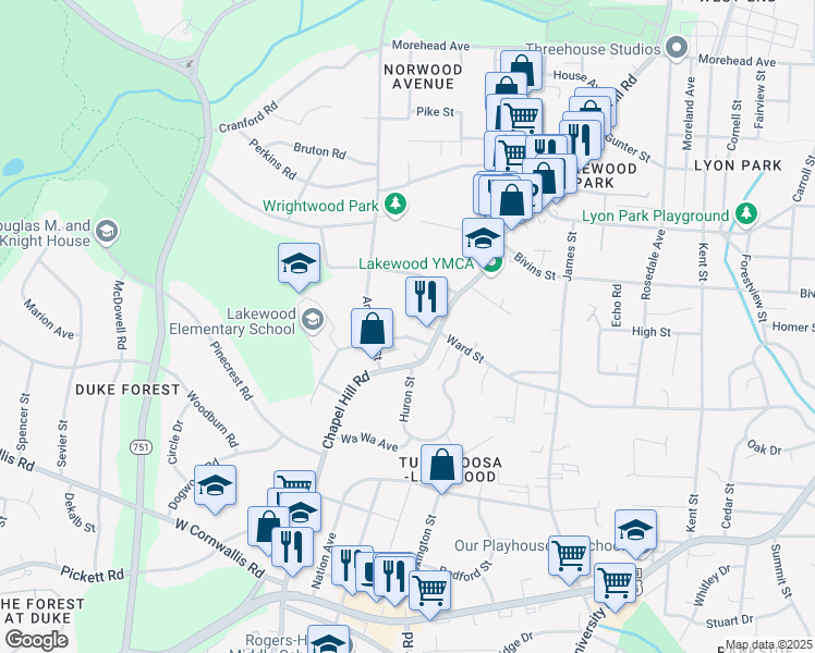 map of restaurants, bars, coffee shops, grocery stores, and more near 2116 Ward Street in Durham