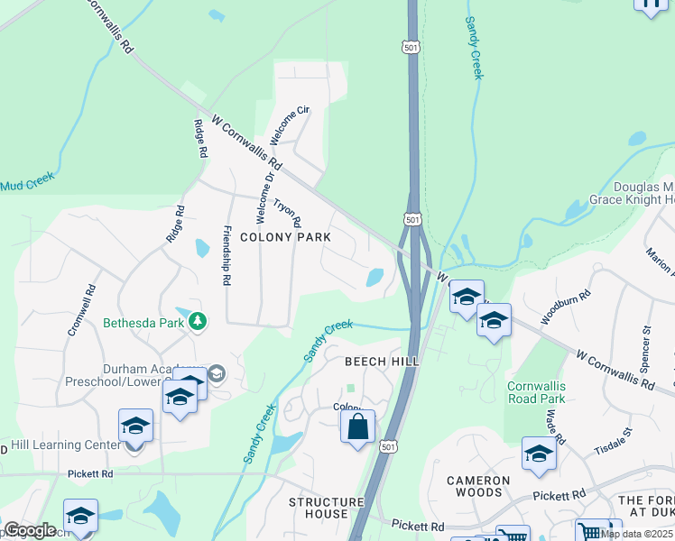 map of restaurants, bars, coffee shops, grocery stores, and more near 1219 Birchbark Road in Durham