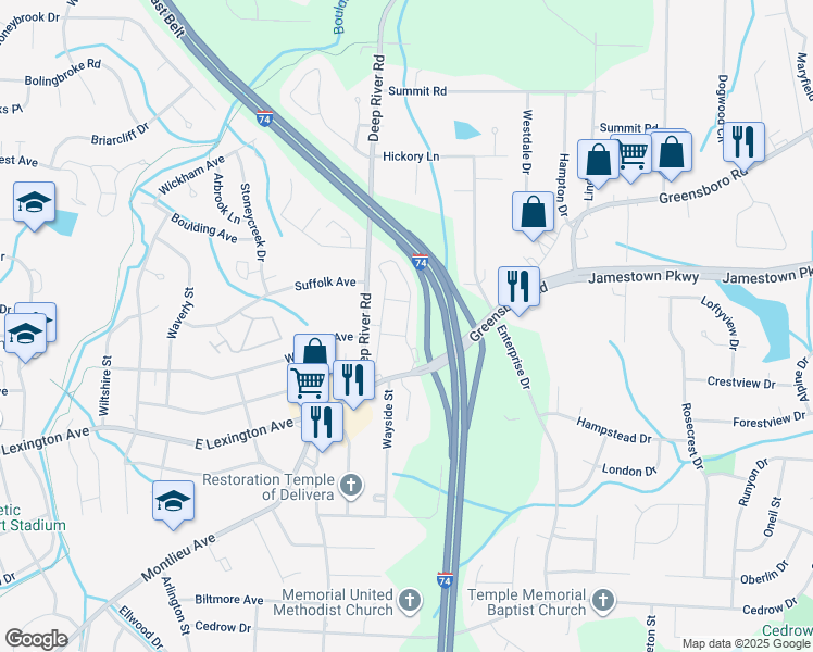 map of restaurants, bars, coffee shops, grocery stores, and more near Greensboro Road in High Point