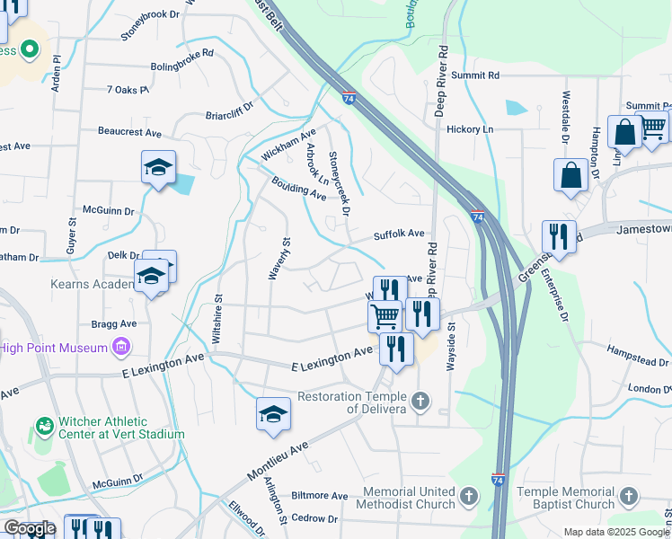 map of restaurants, bars, coffee shops, grocery stores, and more near 2520 Suffolk Avenue in High Point