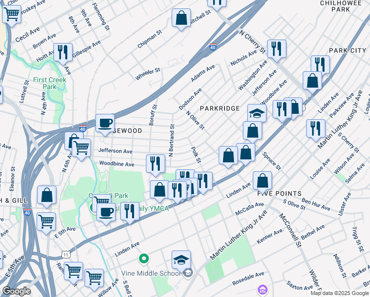 map of restaurants, bars, coffee shops, grocery stores, and more near 2008 Washington Avenue in Knoxville