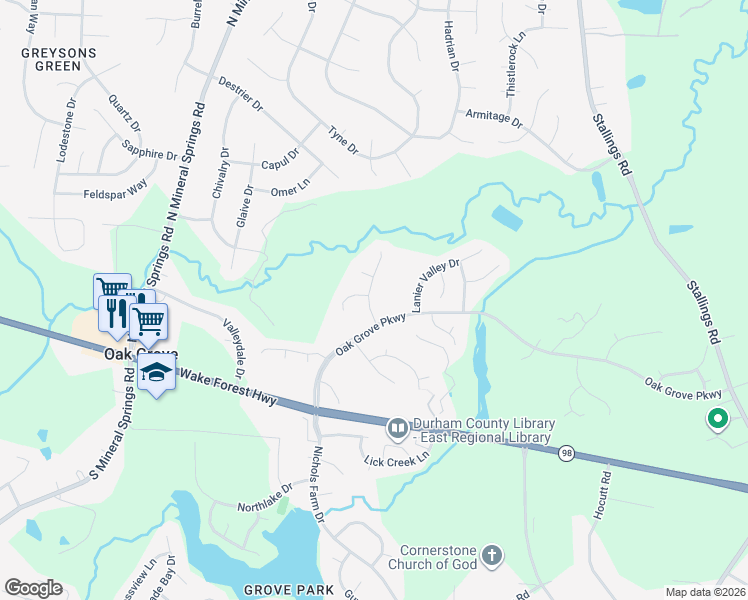 map of restaurants, bars, coffee shops, grocery stores, and more near 106 Barrington Overlook Drive in Durham
