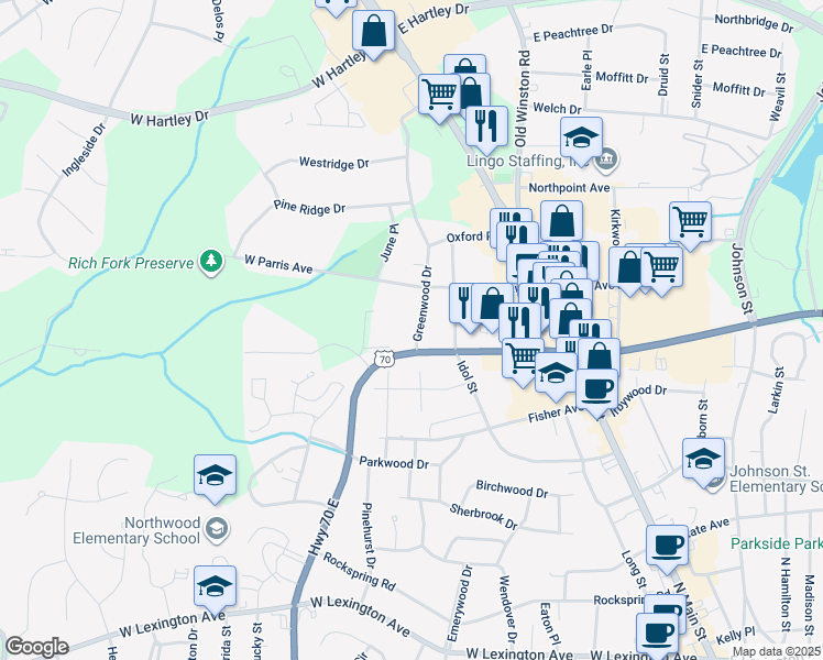 map of restaurants, bars, coffee shops, grocery stores, and more near 407 Greenwood Drive in High Point