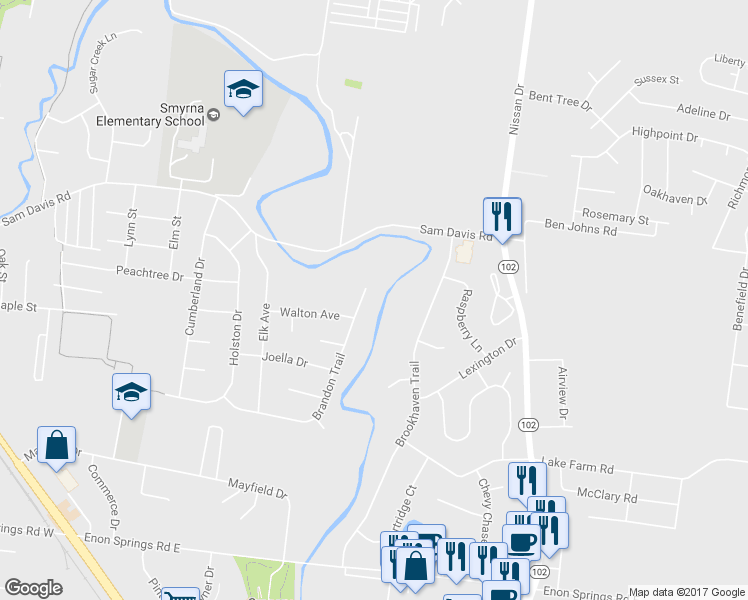map of restaurants, bars, coffee shops, grocery stores, and more near 154 Brandon Trail in Smyrna