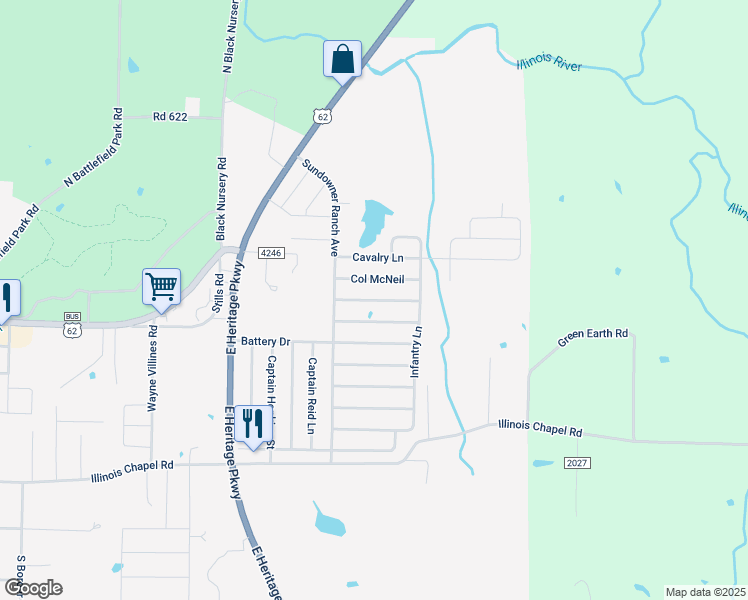 map of restaurants, bars, coffee shops, grocery stores, and more near 1360 Colonel Hawthorne Drive in Prairie Grove