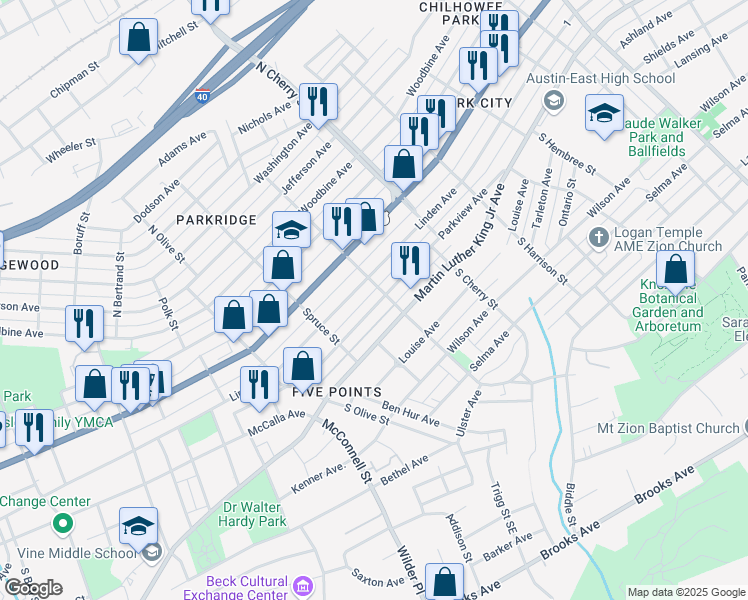 map of restaurants, bars, coffee shops, grocery stores, and more near 2457 Parkview Avenue in Knoxville