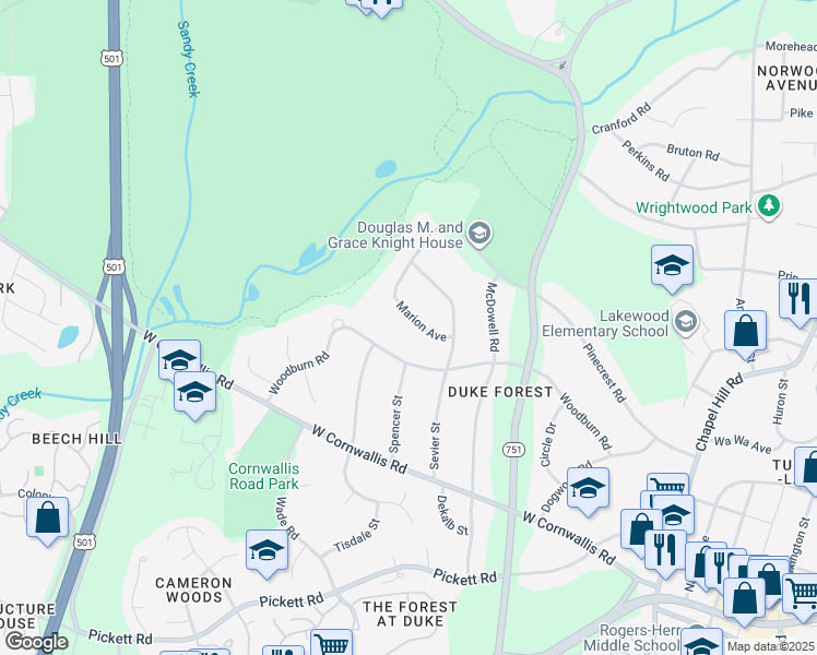 map of restaurants, bars, coffee shops, grocery stores, and more near 1636 Marion Avenue in Durham