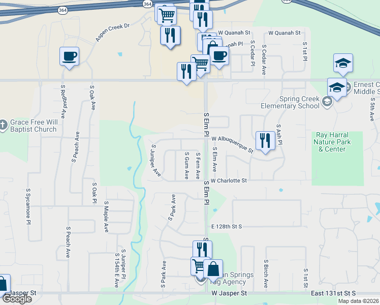 map of restaurants, bars, coffee shops, grocery stores, and more near 805 West Baton Rouge Street in Broken Arrow