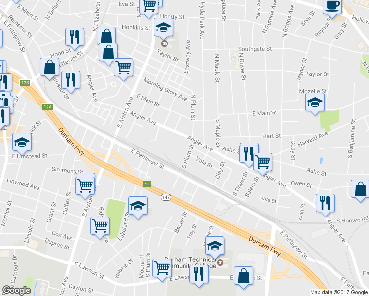 map of restaurants, bars, coffee shops, grocery stores, and more near 1601 Vale Street in Durham