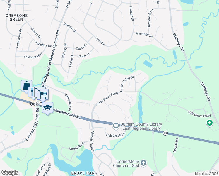 map of restaurants, bars, coffee shops, grocery stores, and more near 106 Barrington Overlook Dr in Durham