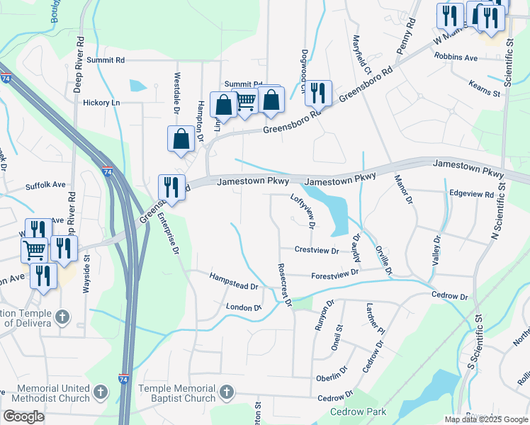 map of restaurants, bars, coffee shops, grocery stores, and more near 825 Rosecrest Drive in High Point