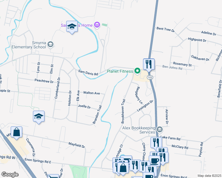 map of restaurants, bars, coffee shops, grocery stores, and more near 154 Brandon Trail in Smyrna