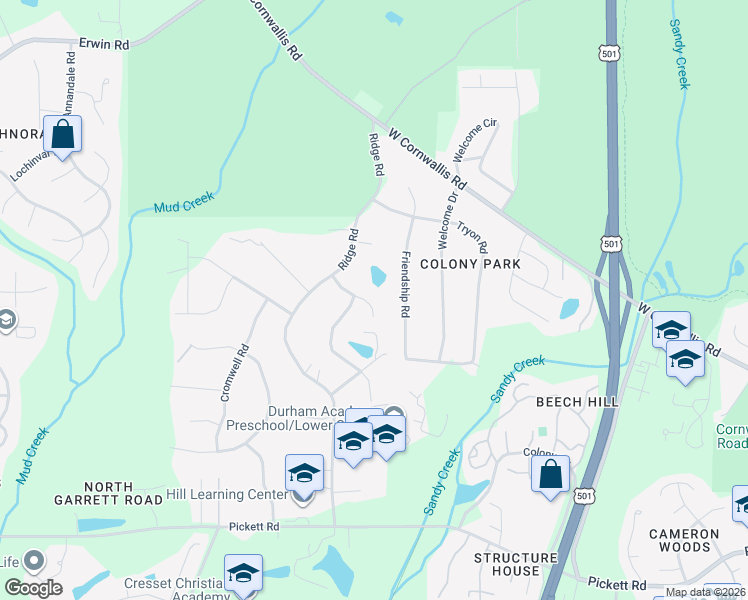 map of restaurants, bars, coffee shops, grocery stores, and more near 207 Pathwood Lane in Durham