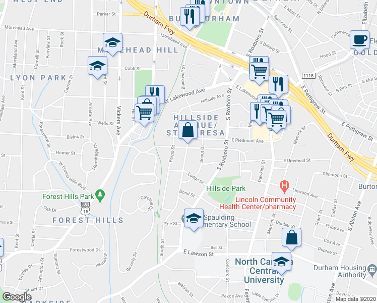 map of restaurants, bars, coffee shops, grocery stores, and more near 1103 South Street in Durham