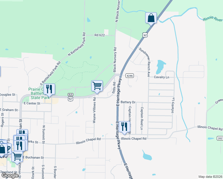 map of restaurants, bars, coffee shops, grocery stores, and more near 955 Stills Road in Prairie Grove