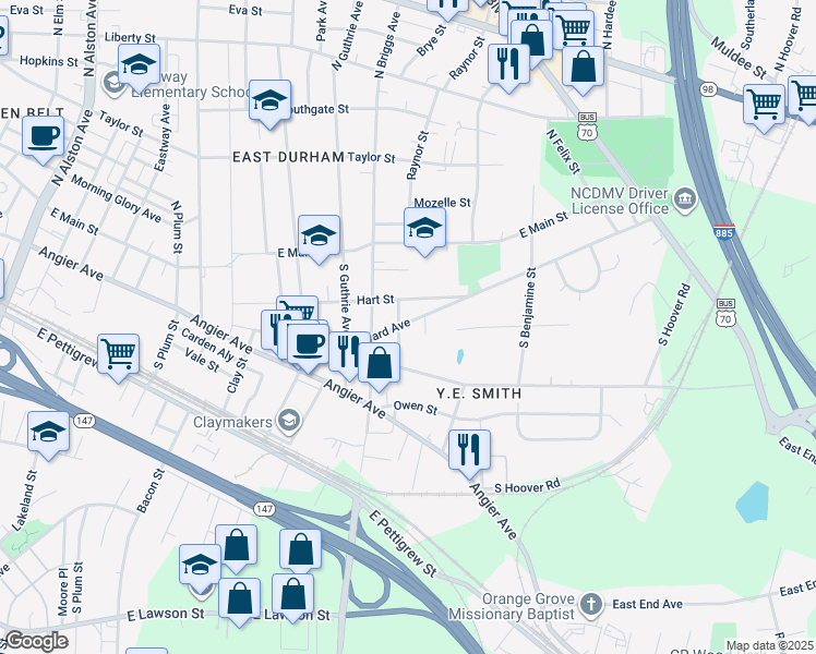 map of restaurants, bars, coffee shops, grocery stores, and more near 2404 Harvard Avenue in Durham