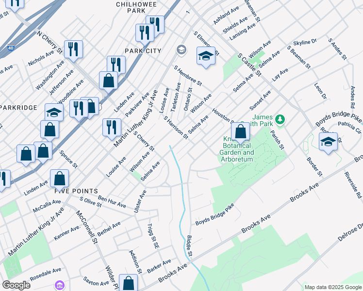 map of restaurants, bars, coffee shops, grocery stores, and more near 2644 Selma Avenue in Knoxville