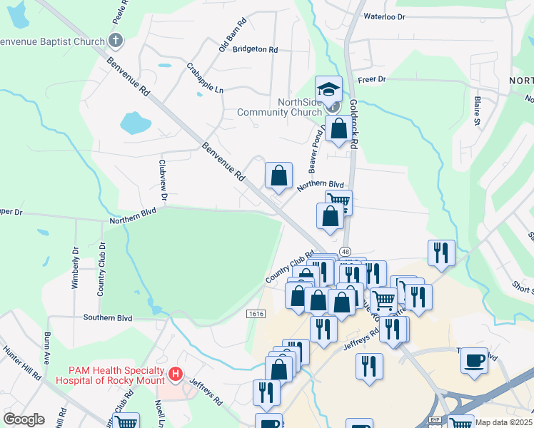 map of restaurants, bars, coffee shops, grocery stores, and more near 1699 Northern Boulevard in Rocky Mount