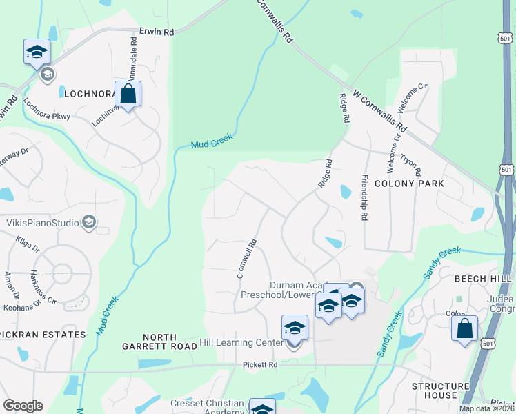 map of restaurants, bars, coffee shops, grocery stores, and more near 2905 Harriman Road in Durham