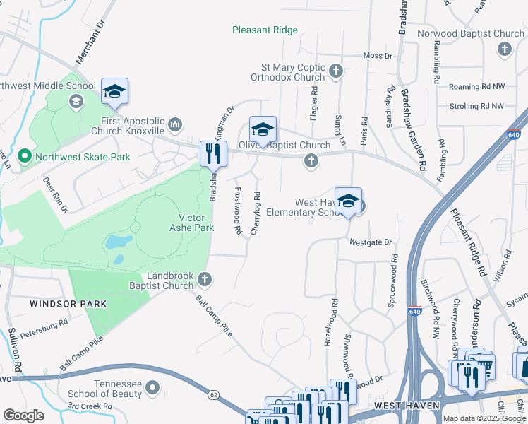 map of restaurants, bars, coffee shops, grocery stores, and more near 3718 Cherrylog Road in Knoxville